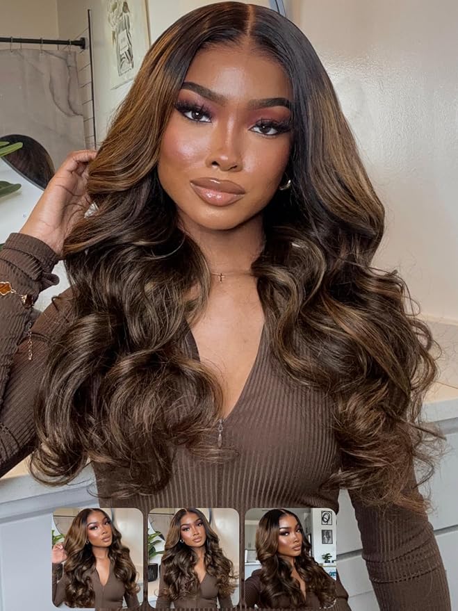 KLAIYI Ombre Brown Body Wave Lace Front Wigs Human Hair Highlight Balayage 13x4x1 T Part Ear to Ear Lace Wig Pre Plucked with Baby Hair Easy to Wear and Go Wigs for Black Women Natural Hairline 16Inch