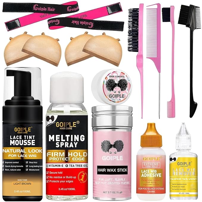 Lace Glue Kit Complete Set with Lace Tint Mousse, Lace Melting Spray Wig Glue for Women's Wigs and Hairpieces - Wig Installation Kit & Tape in Extension Rmover & Cap (Light Brown)