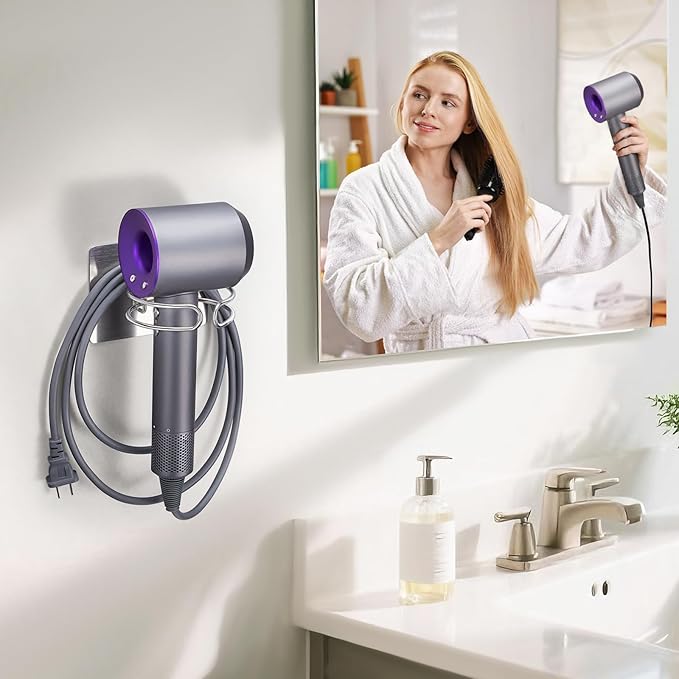 Blow Dryer Holder Wall Mounted, Hair Dryer Holder Stand for Most Hair Dryers Organizer and Storage, Self Adhesive Hairdryer Hanger Rack for Bathroom and Cabinet, Silver