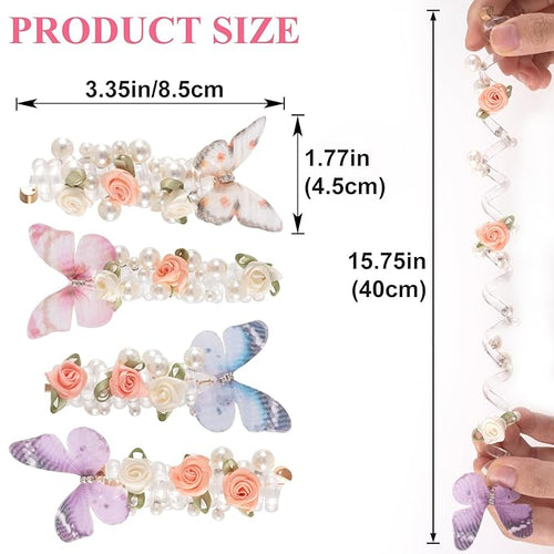 4PCS Rose Bead Spiral Hair Ties, 4 Colors Butterfly Floral Phone Cord Ponytail Holders for Women, Elegant Rubber Hair Coils, Stylish Hair Accessories for Party, Daily Use