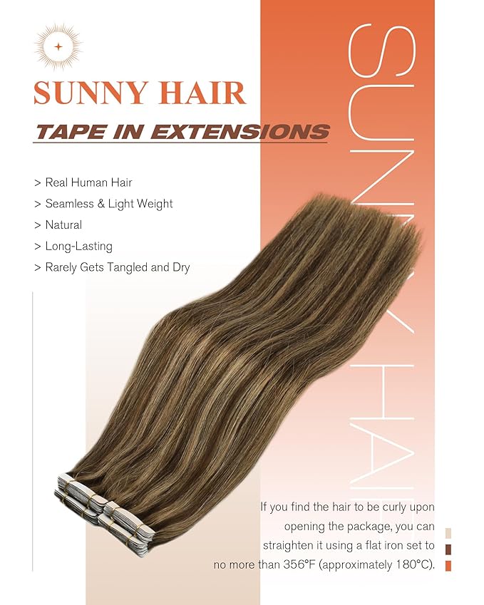 Sunny Hair Tape in Hair Extensions Real Human Hair Invisible Remy Hair Extensions Tape ins for Women Dark Brown Highlight Caramel Blonde 16 inch 20Pcs 50G