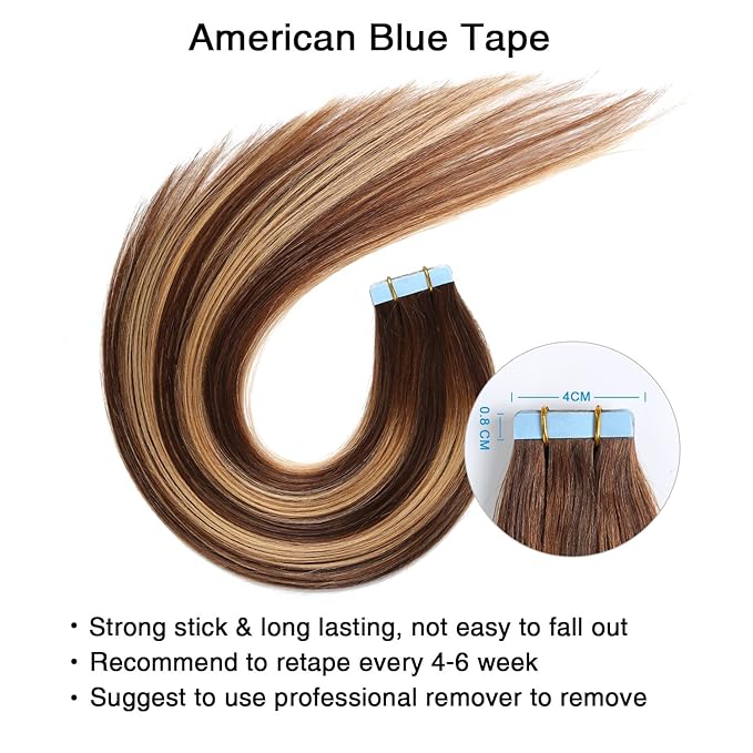 SUYYA Tape in Hair Extensions Human Hair 50g/pack 20pcs Straight Balayage Seamless Skin Weft Tape in Real Hair Extensions Ombre Chocolate Brown to Caramel Blonde(24inch #P4/27/T4)
