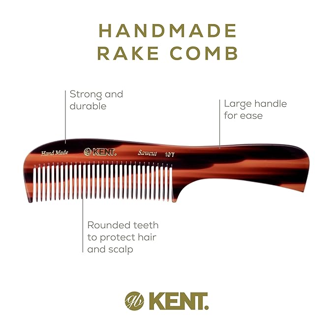 Kent 10T Tortoise Large Detangler Comb, Handmade Wide Tooth Comb for Curly and Thick Hair, Detangling Combs For Wet and Dry Hair, Saw-Cut and Hand Polished Handmade in England