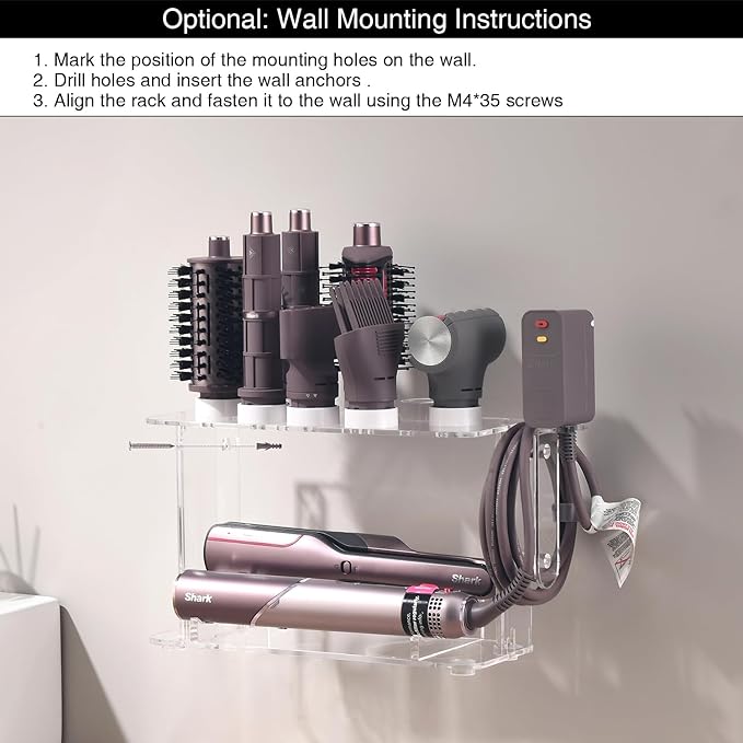 Hair Tool Holder for Dyson Airwrap, Acrylic Double-Layer Storage Holder, Hair dryer Stand Wall Mounted or Desktop, Shark Hair Dryer Holder for Dyson & Shark Attachments, Transparent