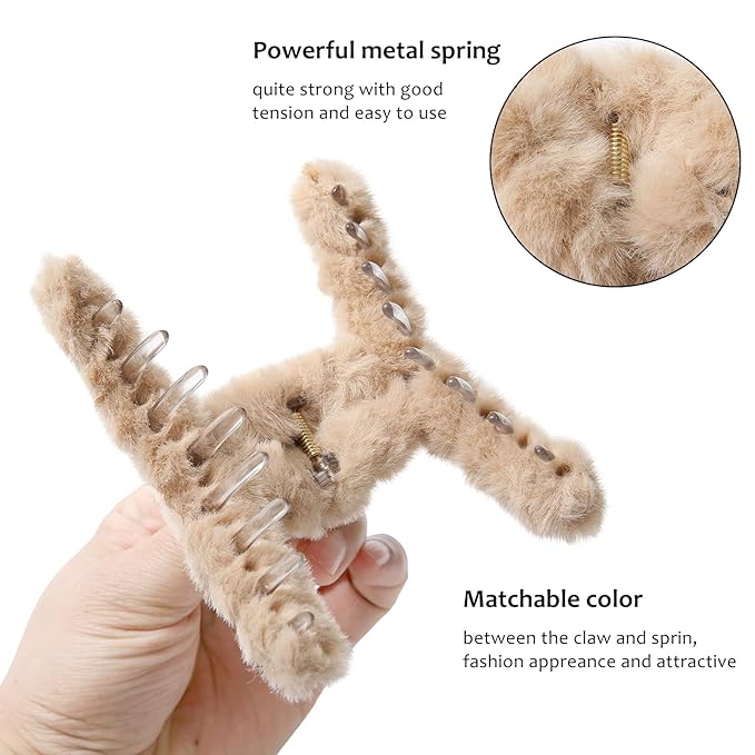 5PCS Large Claw Hair Clips for Thick Hair Big Banana Hair Clips for Women Nonslip Strong Hold Hair Claw Clip Plush (White+Black+Beige+Brown+Coffee)