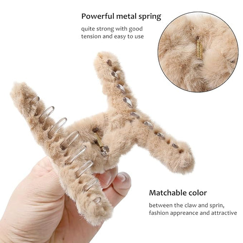 5PCS Large Claw Hair Clips for Thick Hair Big Banana Hair Clips for Women Nonslip Strong Hold Hair Claw Clip Plush (White+Black+Beige+Brown+Coffee)