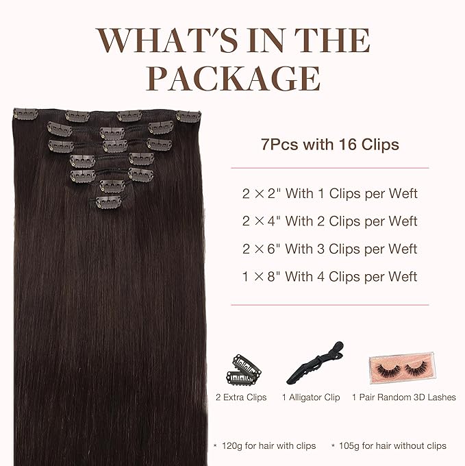 GOO GOO Clip in Hair Extensions Real Human Hair, Remy Human Hair Extensions Clip ins for Women, Natural Human Hair, 26inch 135g 7Pcs, 2A Light Brown
