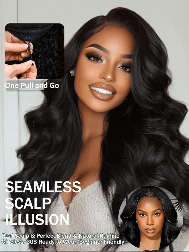 KLAIYI EasiContour V Part Wig Human Hair Body Wave Glueless Upgrade U Part Wig No Leave Out No Gel Clip in Half Wig V Shape Pull and Go Beginner Friendly Ready to Wear Natural Black Color 150% 18Inch