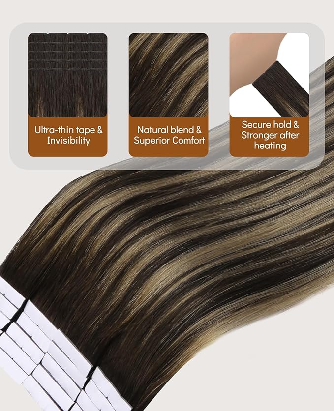 VINBAO 60g Invisi Edge Tape in Extensions Human Hair Balayage, Dark Brown Mixed Chestnut Brown Ombre 20pcs Injected Tape in Hair Extensions Invisible 22inch #2/6/2
