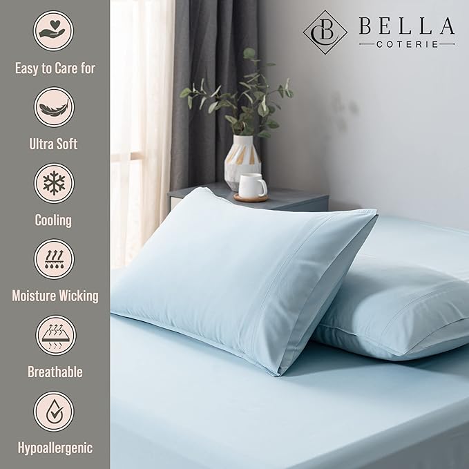 Bella Coterie | Luxury Bamboo Viscose King Size Pillowcase Set | 100% Organically Grown | Ultra Soft | Cooling | 2 Pcs [Coastal Blue]