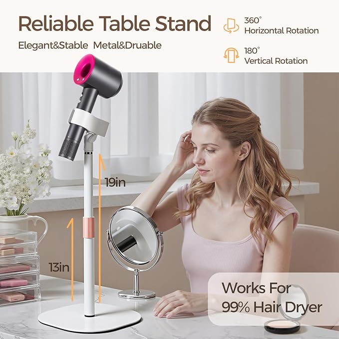 Hands Free Hair Dryer Stand Holder, Countop Blow Dryer Holder with 360 Degree Rotating, Height Adjustable, Universal Grip Works for 99% Blow Dryer (White)