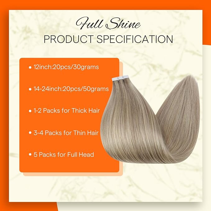 Full Shine Invisible Tape in Hair Extensions Color 18 Ash Blonde Highlight 613 Blonde Tape in Real Human Hair Extensions 20Inch Seamless Straight Remy Silky Skin Weft 20 Pcs 50 Grams Add Length