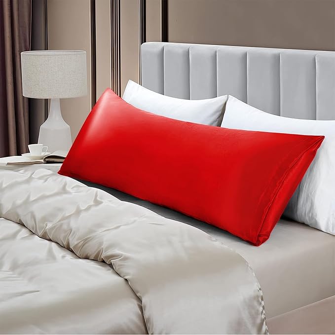 Aormenzy Satin Body Pillow Cover Set of 2, 20x54 Inches Red Body Pillow Case for Adults, Silky Soft & Cooling Pillowcase with Envelope Closure