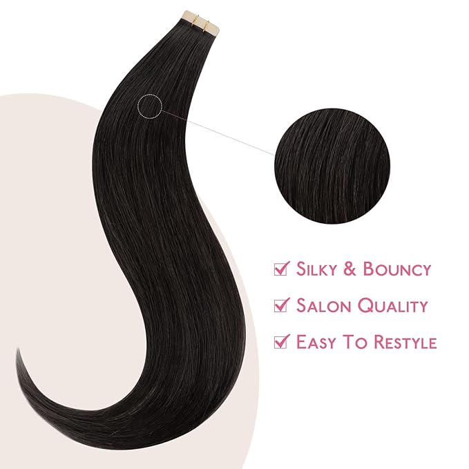 WENNALIFE Tape in Hair Extensions Human Hair Natural Black Tape in Extensions, 10pcs 25g 14 inch Remy Invisible Tape Ins Straight Colored Soft Real Human Hair Tape in Extensions Refill Set Extensions