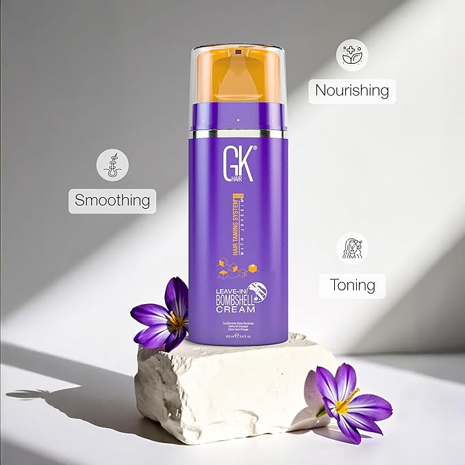 GK HAIR Global Keratin Leave In Bombshell Purple Cream (3.4 Fl Oz/100ml) Conditioning Smoothing Moisturizing Hydrating Frizz Control for Blonde Damaged Hair Removes Yellow Brassy Tones Flyaways