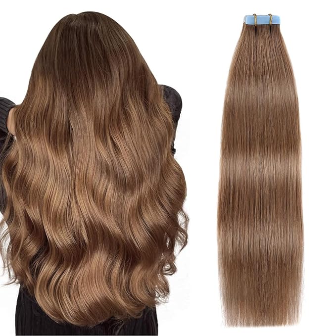 SUYYA Tape in Hair Extensions Human Hair Chestnut Brown 100% Remy Human Hair 50g/pack 20pcs Straight Seamless Skin Weft Tape Hair Extensions(22 inches #6 Medium Brown)