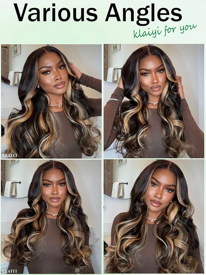 KLAIYI Ombre Highlight Blonde Loose Body Wave Bye Bye Knots Glueless Wigs Human Hair 7x5 Precut Lace Front Pre Plucked Bleached Ready to Wear Go Wig with Face Framing Curtain Bang Caramel Brown 26Inch