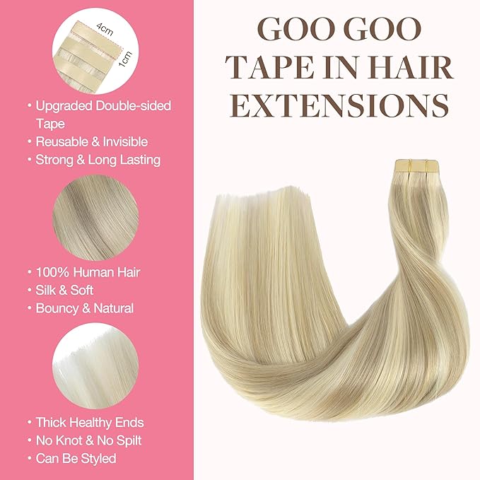 GOO GOO Tape in Hair Extensions Human Hair, 17A/60A Ash Blonde Highlighted Platinum Blonde, 10inch 60g 40pcs, Skin Weft Seamless Invisible, Silky Straight with Thick Ends, Remy Human Hair