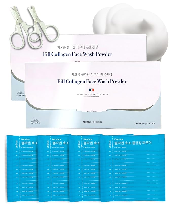 UNIZAAR Fill Collagen Enzyme Powder Face Wash Set of 2 – (0.007 oz * 60EA) Luxurious French Collagen & Urea Infused Korean Cleanser, Travel Face Wash, Travel Size Face Wash for Women, Korean Skin Care