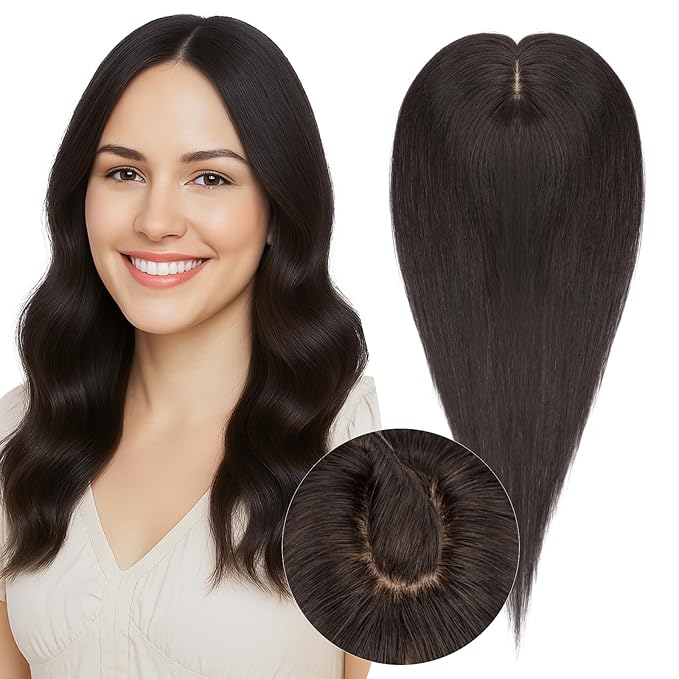 Real Human Hair Toppers for Women 3.54"*4.72" Silky Base 150% Density No Bangs Adjustable Parting Clip-In Topper Hairpieces for Women with Thinning Hair 14 Inches Natural Black