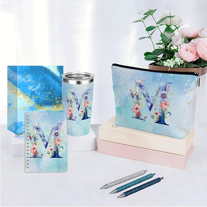 Personalized Gifts Monogrammed Birthday Gifts for Women, Her, Teacher Mother in Law Wedding Christmas Initial 20 oz Tumbler, Makeup Bag Cup Pens Journal Notebook 6 Set, (Aesthetic Blue Flower M)