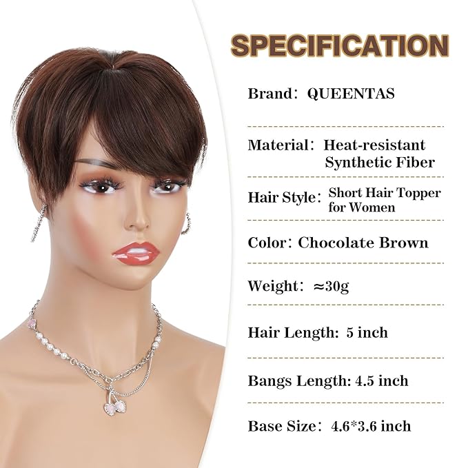 QUEENTAS Brown Short Hair Toppers for Women with Thinning Hair 360°3D Cover with 3 Clips Hair Pieces Wispy Bangs 4.6"*3.6" Coverage(Chocolate Brown/#4)