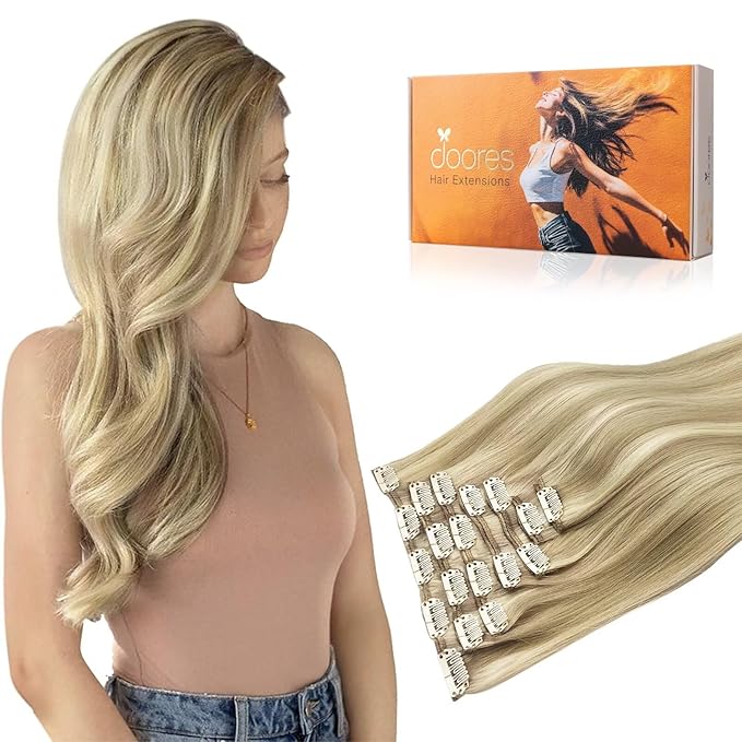 DOORES Human Hair Extensions Clip in Balayage Light Blonde Highlighted Golden Blonde 18 Inch 120g 7pcs Clip in Hair Extensions Natural Straight Hair Extensions
