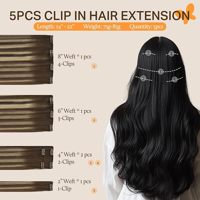 DOORES Clip in Human Hair Extensions, 5pcs 80g 20 Inch Balayage Chocolate Brown to Honey Blonde, Straight Long Hair Extensions Remy Human Hair Clip ins