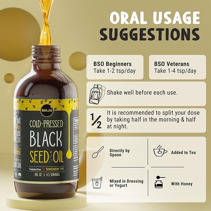 MAJU Black Seed Oil - 3 Times Thymoquinone, Cold-Pressed, 100% Turkish Black Cumin Seed Oil, Liquid Pure Blackseed, Glass Bottle, 8 oz