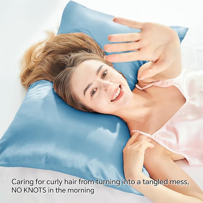 BEDELITE Satin Pillowcase with Zipper 2 Pack, Blue Pillow Cases Standard Size, Super Soft and Cooling Similar to Silk Pillow Cases, Gift for Women Men(20x26 Inches)