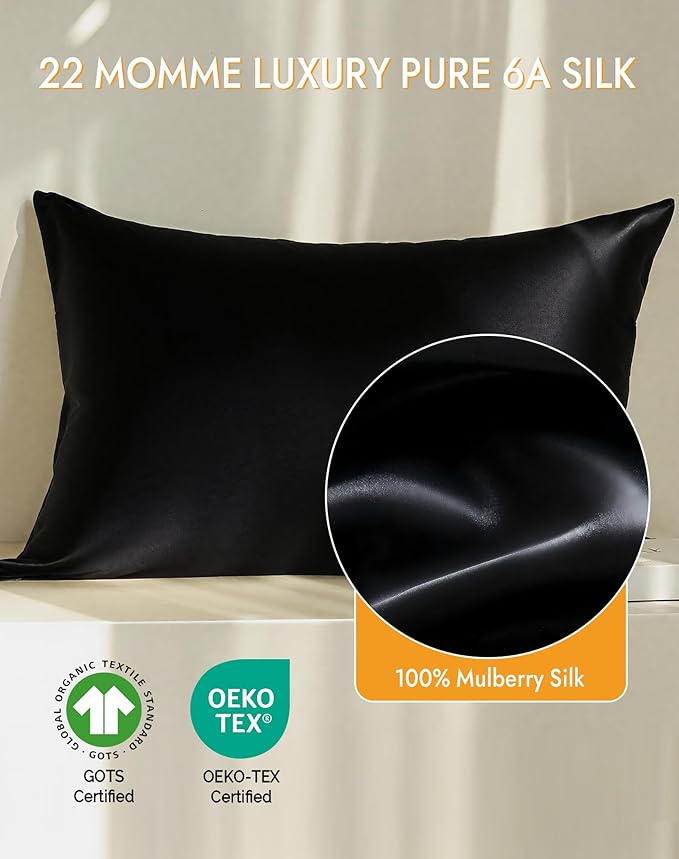SilkSilky 100% Mulberry Silk Pillowcase - Pure 22 Momme High-Grade 6A Fibers for Hair & Skin, Envelope Closure, Natural, Organic, Breathable & Cooling Pillow Case (King, Black)