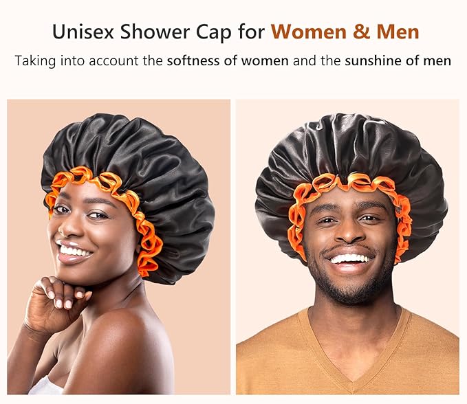 mikimini Black Shower Caps 2 Packs, Double Layers Waterproof Bathing Hair Cap with Reusable Soft Comfortable PEVA Lining, Cute, Non-fading & Stretchy Shower Hat Medium (Pack of 2) Black + Orange