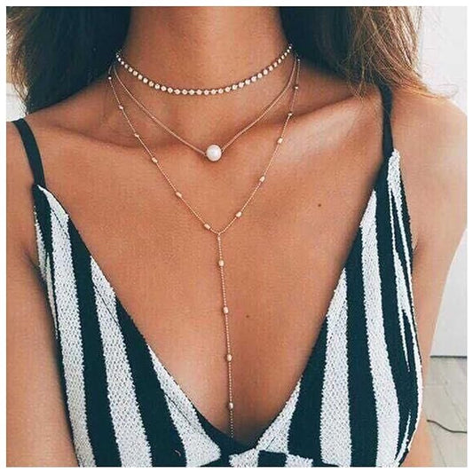 Bohemia Layered Y Lariat Choker Necklace Long Rhinestone Tennis Chain Necklace Floating Pearl Choker Necklace Gold Y Drop Necklace Chain Jewelry for Women and Girls