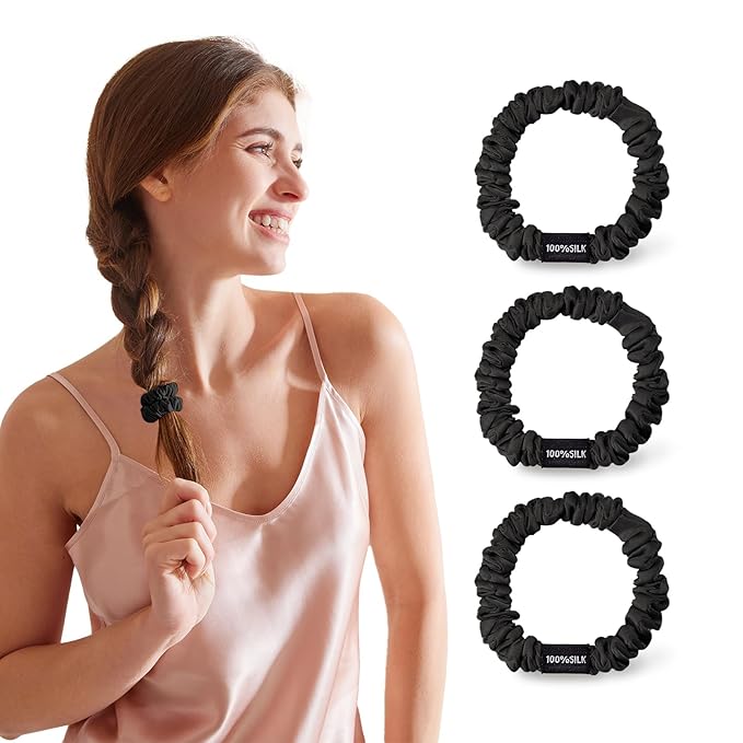 THXSILK 100% Mulberry Silk Scrunchies 3-Pack, 25 Momme Mulberry Silk Hair Ties for Women, Sleek Low Profile No Damage Ponytail Holders, for Fine Hair & Everyday Use, Black