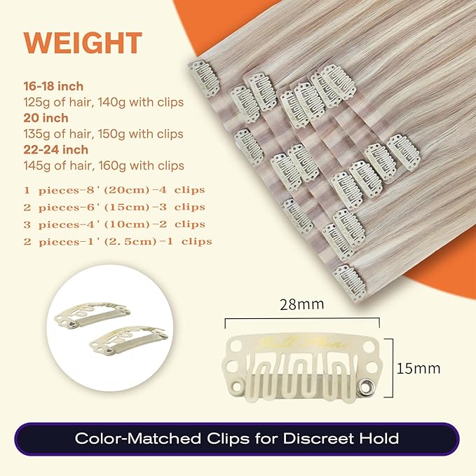 Full Shine Clip in Hair Extensions 18 inch 140g 8Pcs Seamless Hair Extensions Clip in Ash Blonde Highlight Bleach Blonde Remy Hair Clip ins for Women