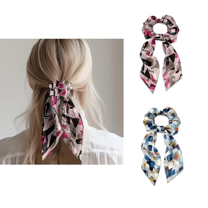 Abstract Art Hair Scarf Scrunchies for Women Pack of 2 Geometry Elastic Hair Band with Ribbon Soft Knotted Scrunchy Fashion Accessories
