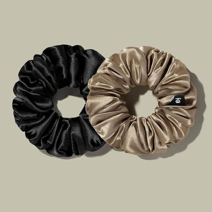 LILYSILK Silk Hair Scrunchies/Ties for Frizz & Breakage Prevention, 100% Mulberry, No Damage, Elastic ponytail Holders, 2Pc, Black&Light Coffee
