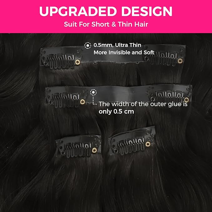 Lashey Seamless Clip in Hair Extensions Human Hair, 7pcs 110g Body Wave 24 Inch #1B Natural Black Remy Human Hair Extensions with Soft Invisi Edge