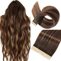 Tape in Hair Extensions Human Hair 16 Inch 20pcs Invisible Tape ins Hair Extensions Real Human Hair Dark Brown to Mixed Chestnut Brown Remy Seamless Injected
