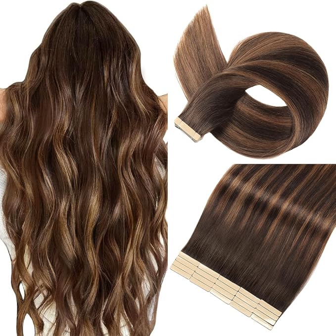 Human Hair Tape in Extensions Dark Brown to Mixed Chestnut Brown 20 Inch Invisible Tape in Hair Extensions Human Hair for Women Hair Extensions Real Human Hair Tape in