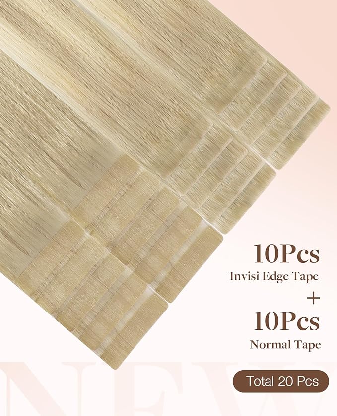 GOO GOO Invisi Edge Tape in Hair Extensions Human Hair, 18ET90A Natural Blonde Balayage10pcs injected with 10pcs classical tape ins, 14inch 50g, Virgin Remy Hair, Natural Look