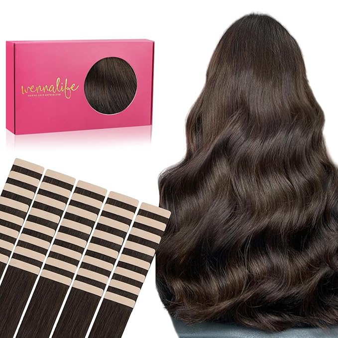 WENNALIFE Tape in Hair Extensions, 16 Inch Light Dark Brown Human Hair, 40pcs 100g Straight Invisible Real Hair Extensions