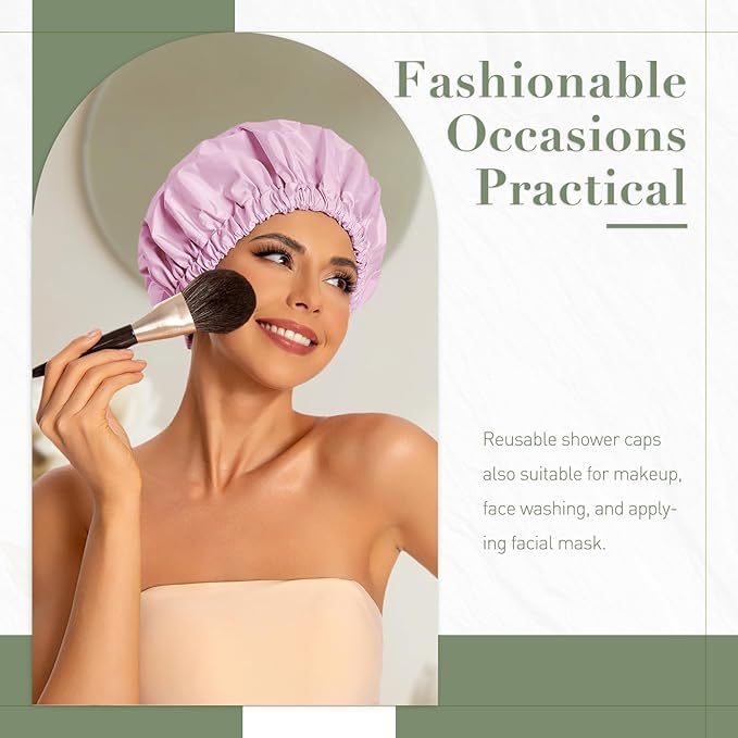 Reusable Shower Cap for Women, Large Waterproof Shower Essentials Bonnet Washable Elastic Band Bath Hair Wrap Hat for Long Hair, Braids(Green&Purple)