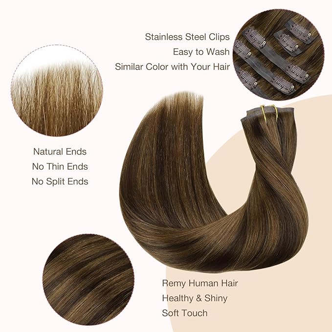 GOO GOO Clip in Hair Extensions Real Human Hair, Remy Human Hair Extensions Clip ins for Women, Natural Human Hair, 22 Inch 140g 7Pcs, 2C/4E/6C Brown Sugar Swirl Highlights
