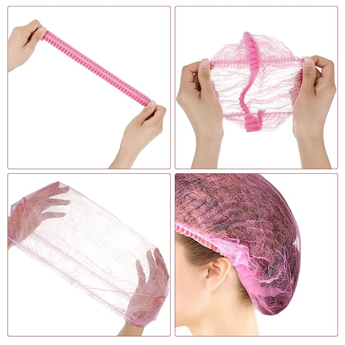 100 Pcs Disposable Nonwoven Bouffant Caps 21 Inch Hair Net Elastic Cap Hair Cover Hats for Beauty Salon Hospital Spa Catering Dust-free Workspace(Pink)