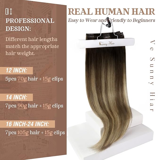 Ve Sunny Clip in Hair Extensions Real Human Hair Black Ombre Clip in Human Hair Extensions Black with Brown Blonde Balayage Hair Extensions Clip ins Short Hair 12Inch 80g
