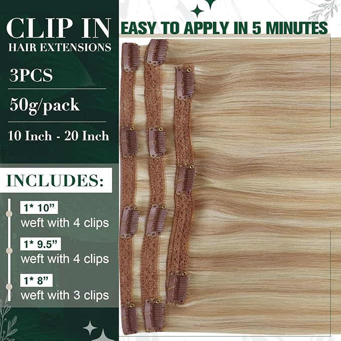 RUNATURE Clip in Hair Extensions, Human Hair Clip in Extensions, Blonde Hair Extensions Clip ins, Full ends, 16 Inch 50g 3pcs #18P60 Ash Blonde Highlight Platinum Blonde