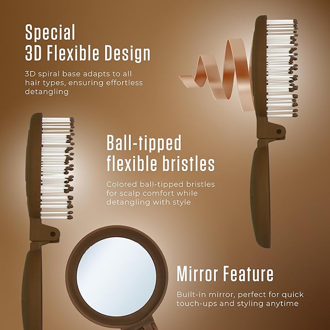 Mini Detangler Travel Hair Brush with Mirror, Makaron Hair Brushes for Women, Men and Kids, Unique 3D Flexible Design for All Hair Types, Styling Accessory, Travel Essentials for Women (DARK BROWN)