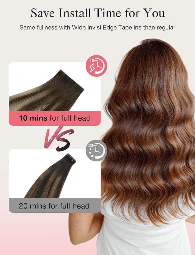 DOORES Invisi Edge Tape in Wide Hair Extensions Human Hair, Chocolate Brown to Honey Blonde 4PCS Injection Tape ins 20g 18 Inch, Virgin Human 3 Inch Wide Injected Extensions Invisible