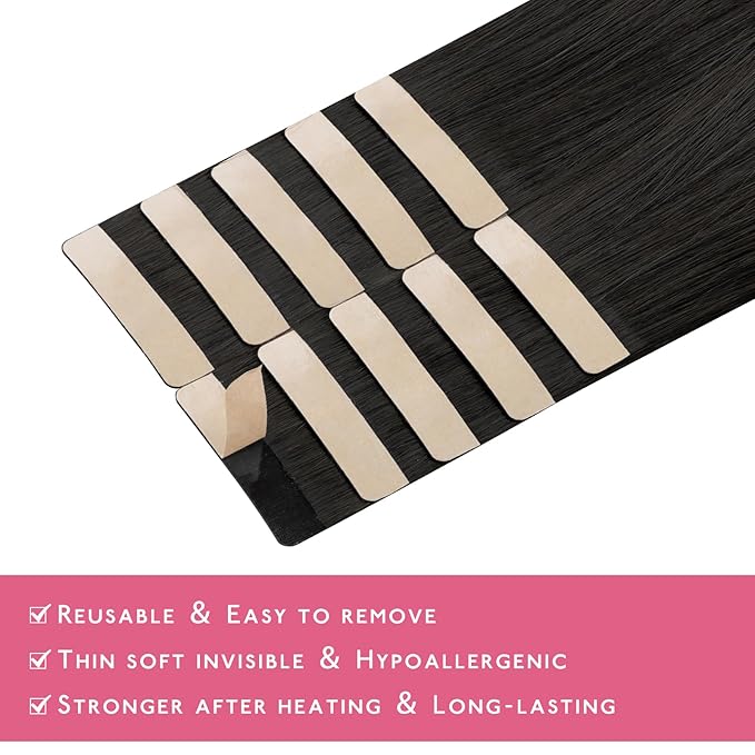 WENNALIFE Tape in Hair Extensions Human Hair Natural Black Tape in Extensions, 10pcs 20g 12 inch Remy Invisible Tape Ins Straight Colored Soft Real Human Hair Tape in Extensions Refill Set Extensions